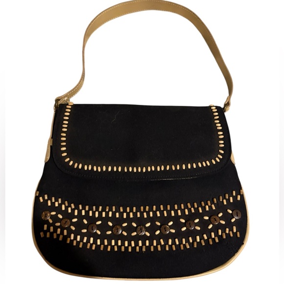Vintage Liz Claiborne black canvas and wood bead shoulder bag. Brand new wo tags - Picture 1 of 4